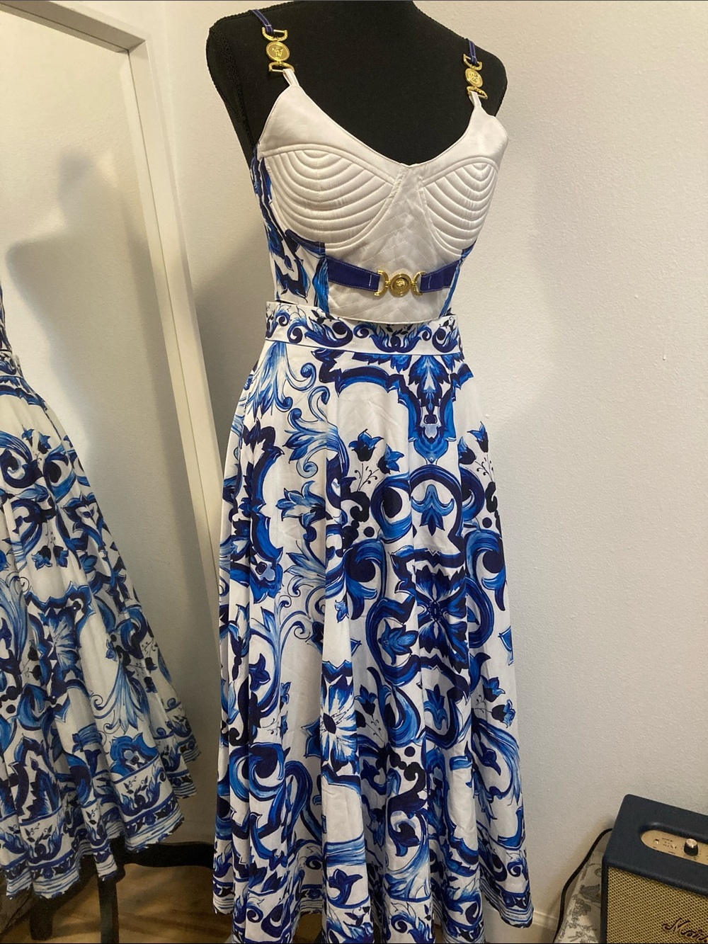 Blue & White Scrolled Print Midi Dress with Gold Accents
